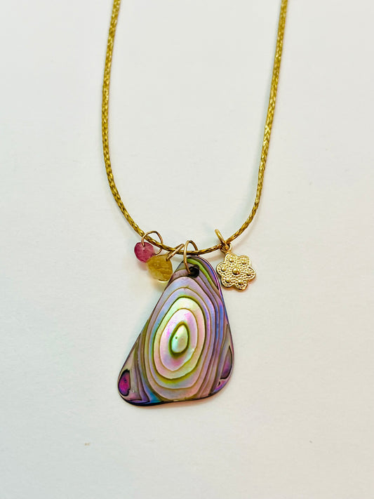 Caroline Abalone Cord Necklace With yellow and Pink Torurmaline