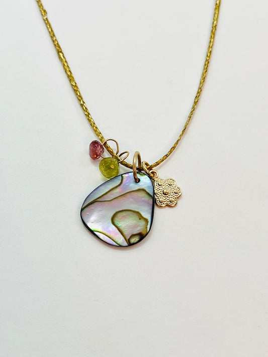 Caroline Abalone Cord Necklace With Pink and Green Tourmaline