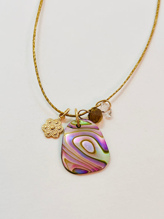 Caroline Abalone Cord  Necklace with Herkimer and Tourmaline